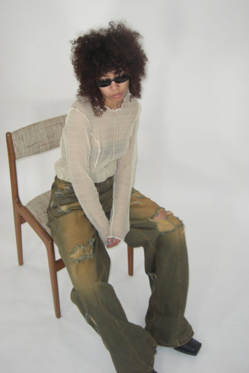 PLEATED MESH EXPOSED SEAMS TOPS -BEIGE- *Last1